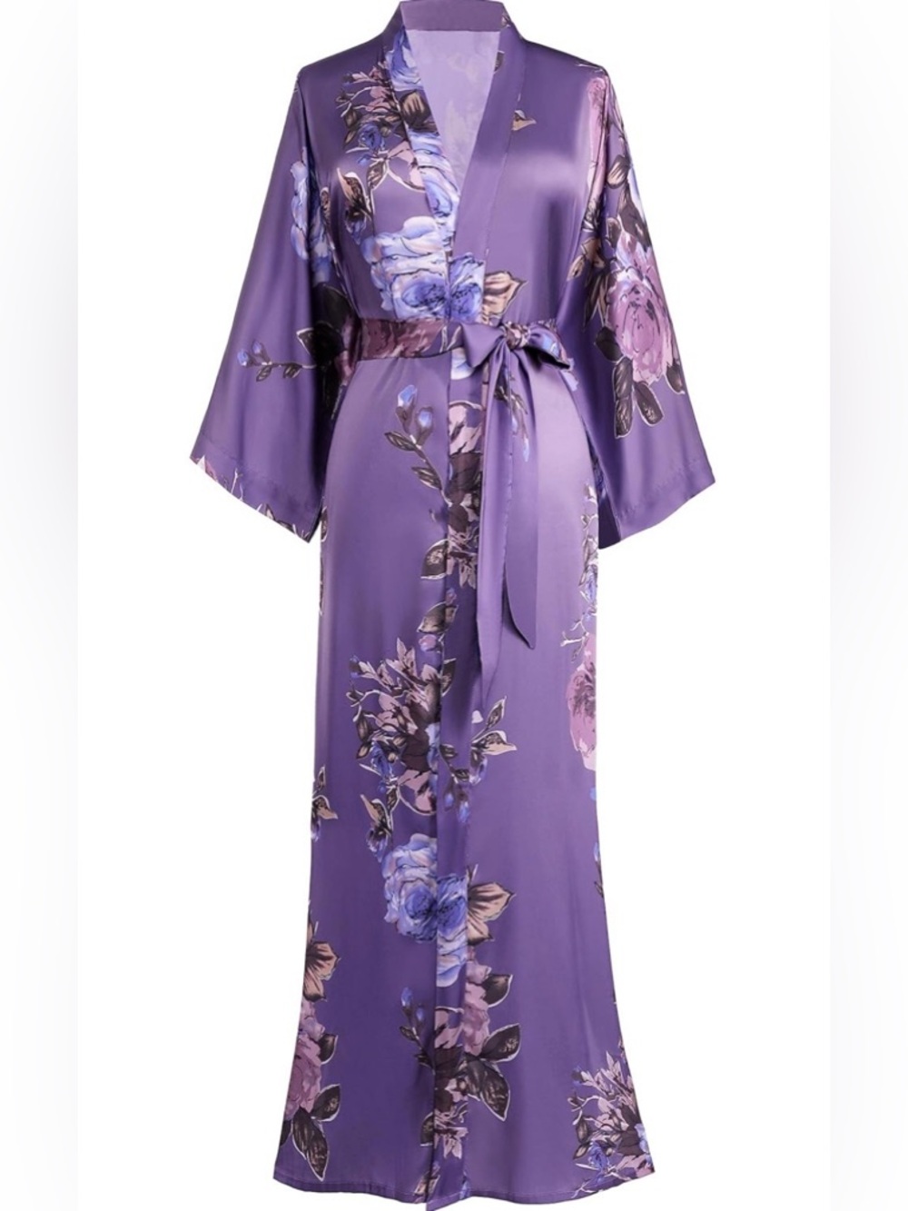 Lavender Floral Satin Robe with Tie Belt & Pockets
